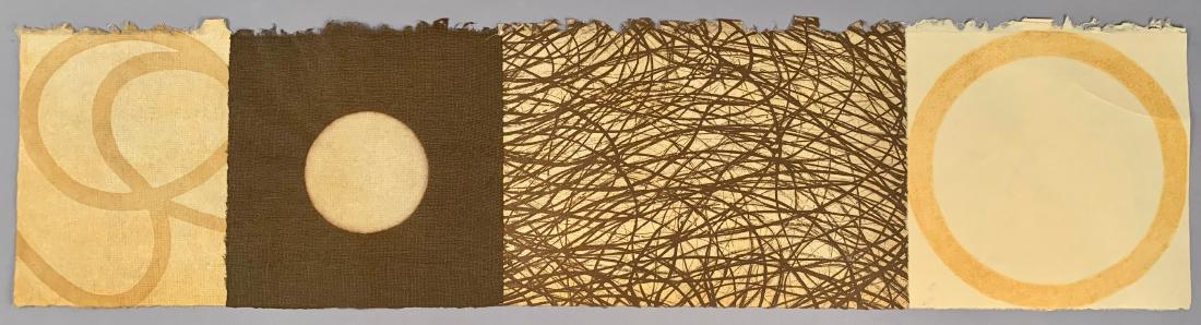 David Shapiro (American, 1944 – 2014): "Origin and Return 4", collograph etching on hand-made paper, dated 1999, 20/20, unframed approx 9" X 38". The title phrase, Origin and Return, comes from a series of Shapiro's paintings by the same n