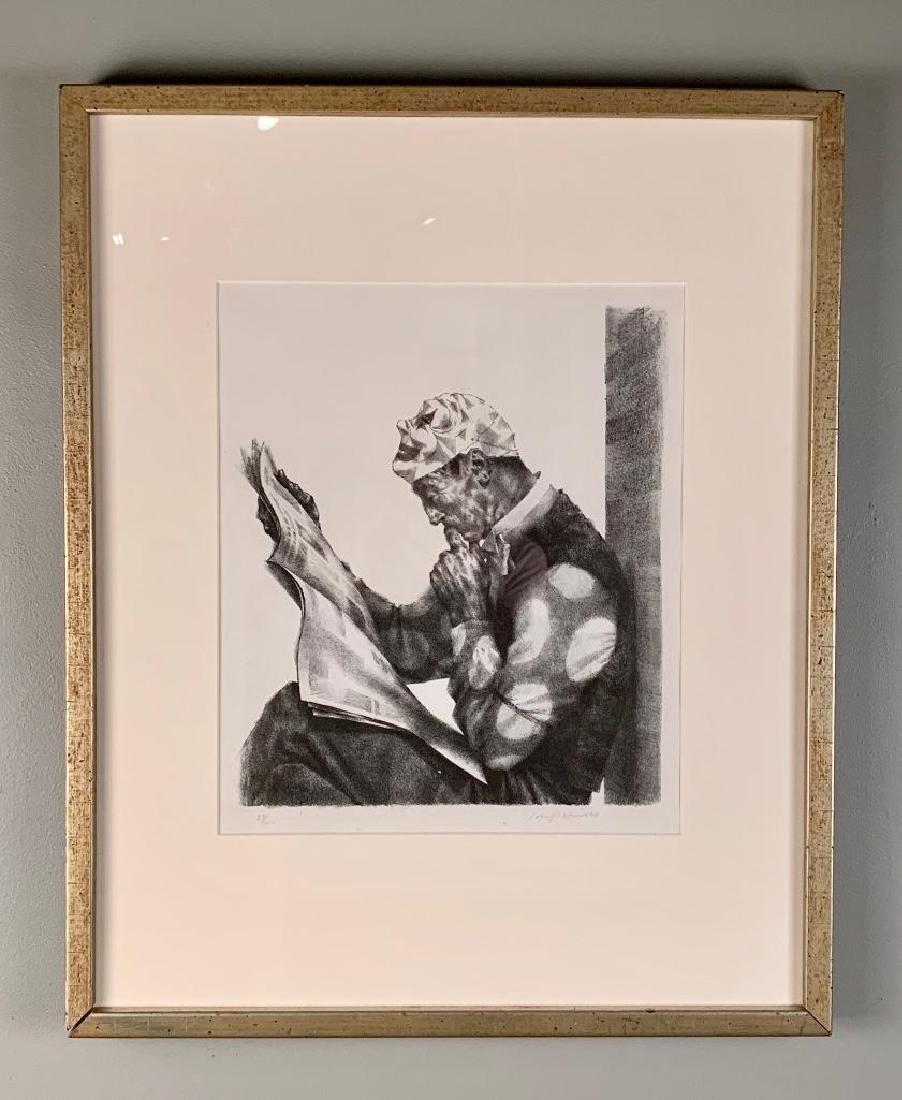 Joseph Hirsch Lithograph:  Joseph Hirsch ( American 1910-1981) Clown Reading the News, lithograph on paper, signed and numbered 87/100, matted and framed, 15 x 12 in. As framed 26.5 x 21 in. Condition: Good