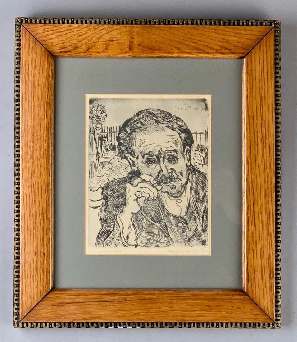 Print After Vincent Van Gogh: L'Homme a la Pipe, or Portrait of Dr. Gachet, offset print, matted and framed, 7.5 x 6 in. As framed 14.5 x 13 in. Condition: Light toned. 