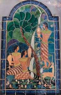 Cowan Pottery Glazed Ceramic Mural, Elsa Vick Shaw: Elsa Vick Shaw (American, Cleveland School 1891-1974) Egyptian Maidens, 1930, glazed ceramic mural created at Cowan Pottery, Rocky River, Ohio. Signed Elsa V.Shaw, lower right. 47 x 28 in.&n