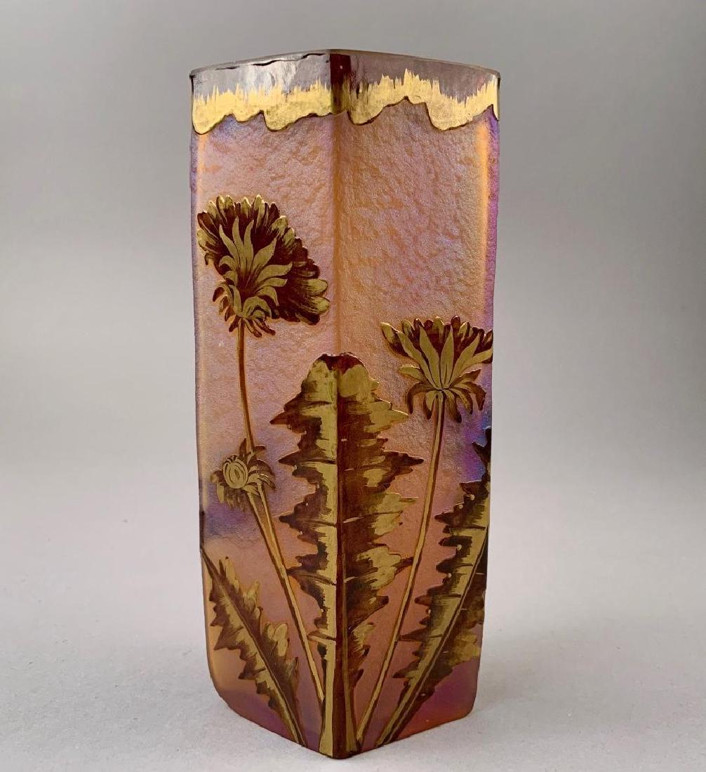 Daum Cameo Glass Vase: Offset rectangular form in clear glass overlaid and enameled with aubergine and gilding cut back to an iridescent acid textured ground with dandelions on leafy stems, signed in gilding Daum 