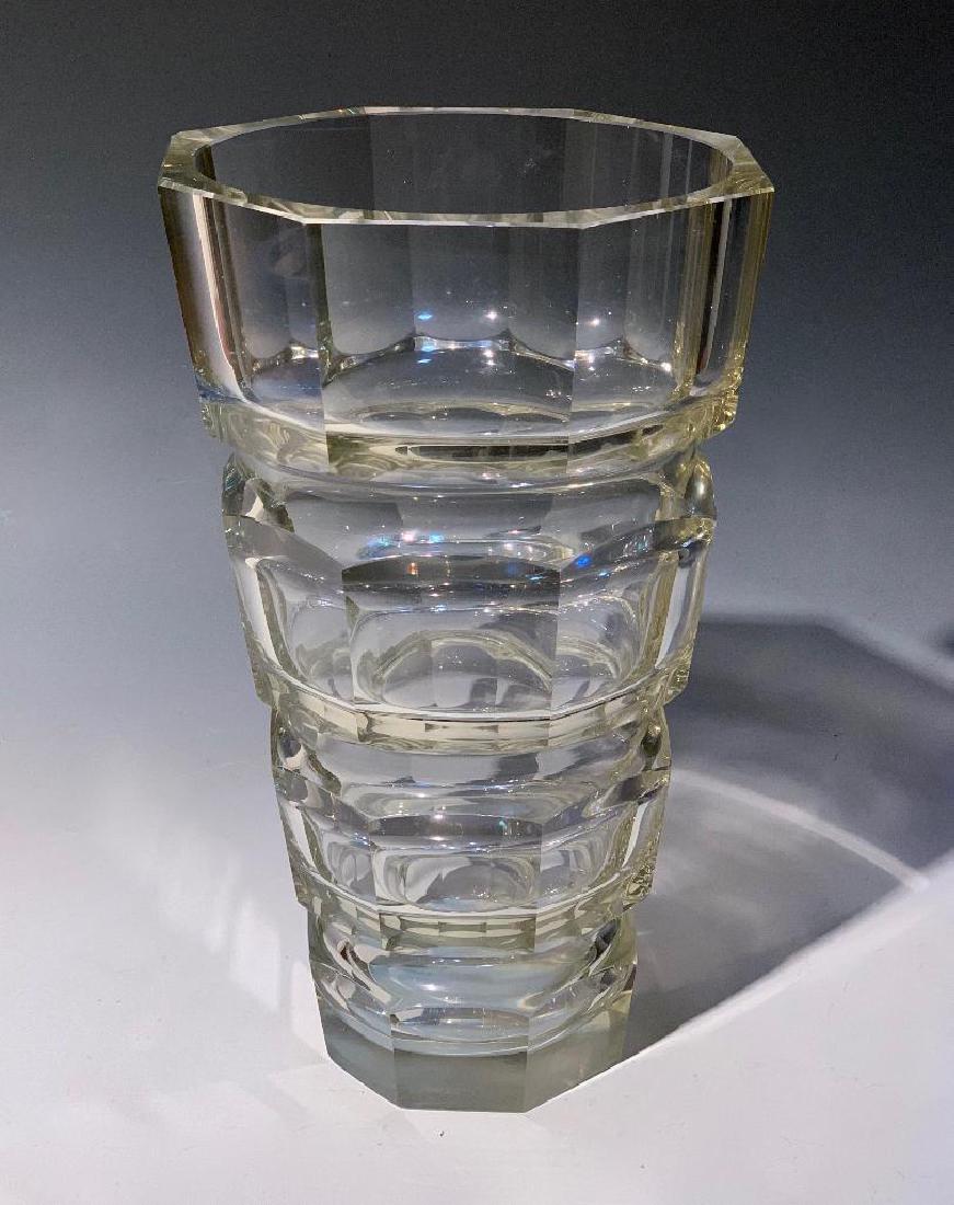 Moser Art Deco Octagonal Vase: Designed by Josef Hoffman (Czech 1870-1956) Faceted tapering form in clear glass, hand cut c. 1920 11.5x7.25 in. Condition: As is - small chip in rim and base 