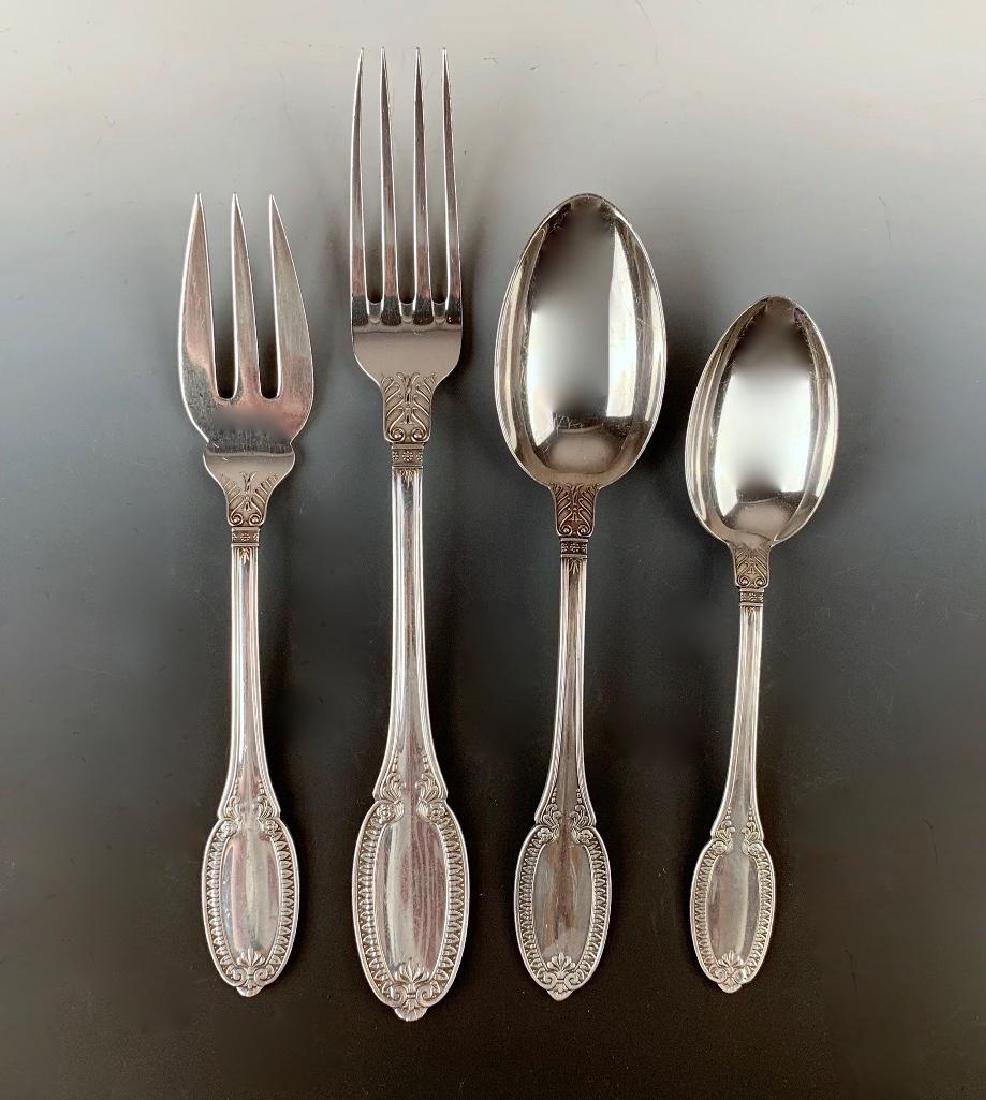 Four Pieces Buccellati Sterling Flatware: Empire pattern, comprising dinner fork, salad fork, tablespoon and teaspoon. Fork 8 in.l. 7.26 oz. troy Condition: Normal wear