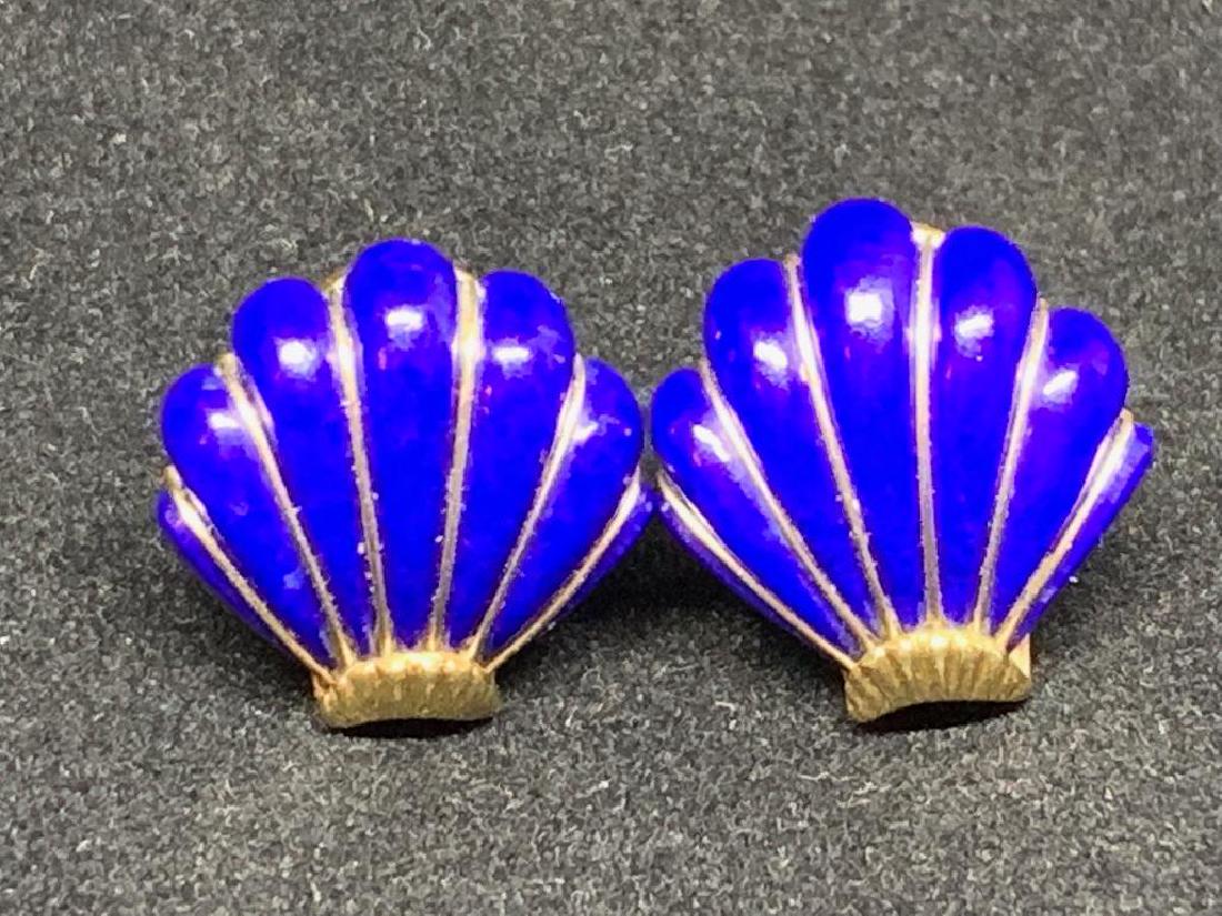 Tiffany & Co 18K and Lapis Earrings: Marked 18K yellow gold frames set with beautiful bright blue carved shell shaped lapis stone, omega backs for both pierced and un-pierced lobes. Approx 5 dwt, approx 7.8 grams. Condition: very nice, l