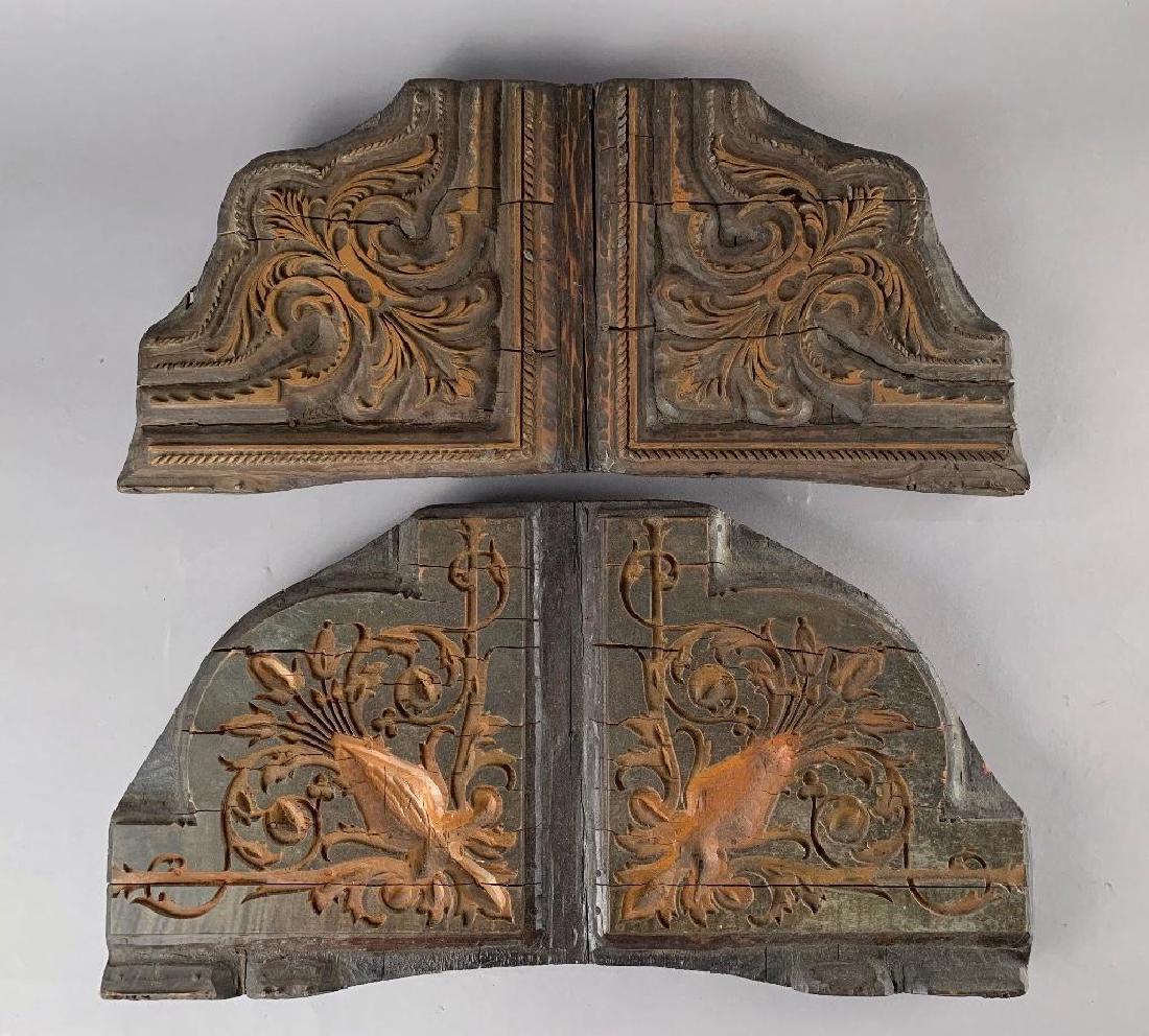 Two Antique Wood Block Stamps, French, ca. 1850's: Carved wood with tiny pieces of tin hammered into the wood to form an intricate design with sharp detail, both blocks having a mirror image for corner decoration presumably for wallpaper. Each ap