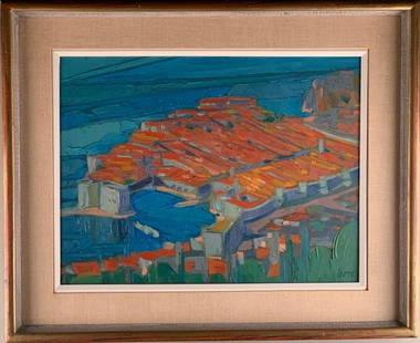 Myron Levytsky (Ukrainian 1913-1993): Myron Levytsky (Ukrainian 1913-1993) Mediterranean Village, 1976, oil on masonite, signed and dated lower right. Exhibited: Focus Gallery, Toronto, Canada 16 x 21 in. panel 23 x 28 in. as framed Condi