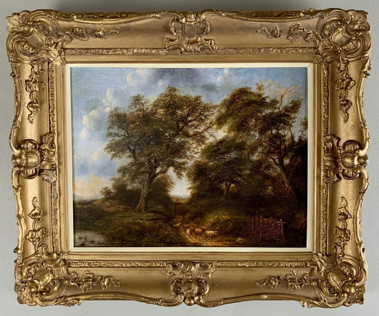19thc. British School Oil, Pastoral Landscape: 19thc. British School Oil, Pastoral Landscape with Shepard and Flock, oil on canvas, framed. 14 x 17.5 in. 21 x 24 in. as framed Condition: Relined. Some repairs visible with naked eye that do not flu