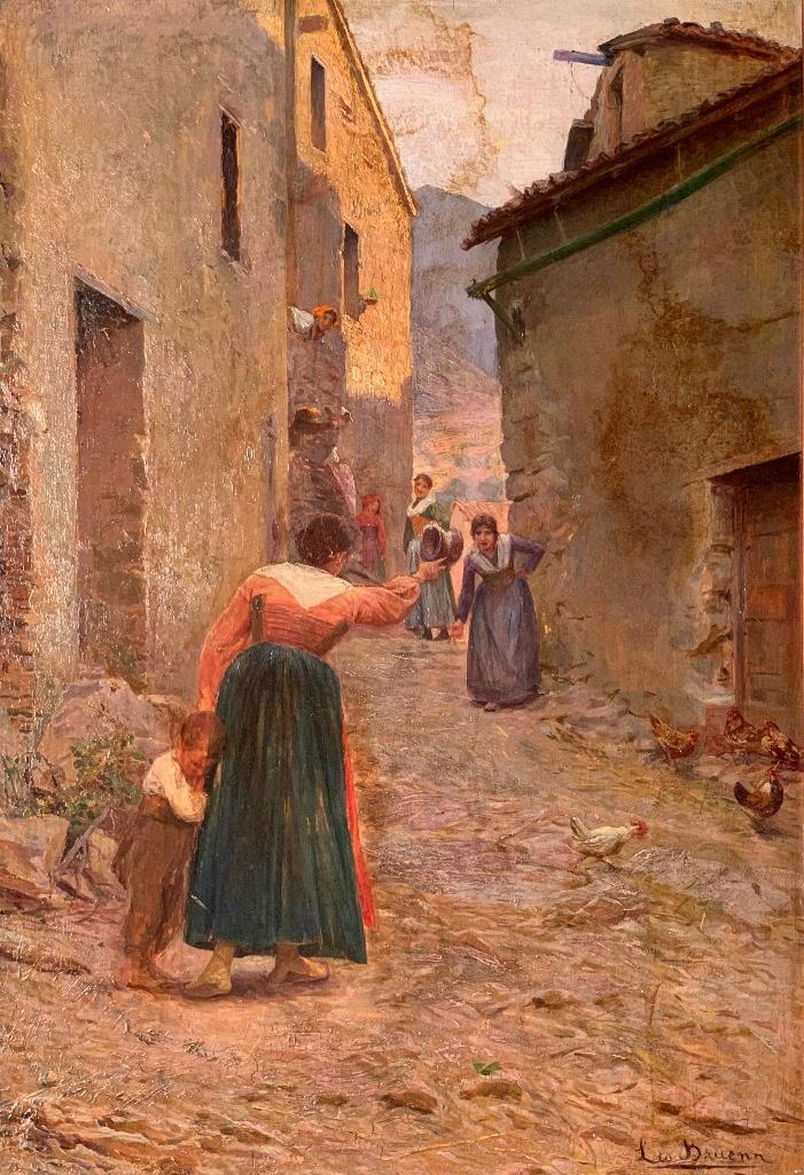Leo Bruenn( German, 19thc. ) Domestic Disturbance: Leo Bruenn( German, 19thc. ) Domestic Disturbance, oil on panel, signed lower right, inscribed, Roma, framed. Bearing label verso for Grosse Berliner Kunst-Ausstellung 1899 Exhibition, number 78. 20 x