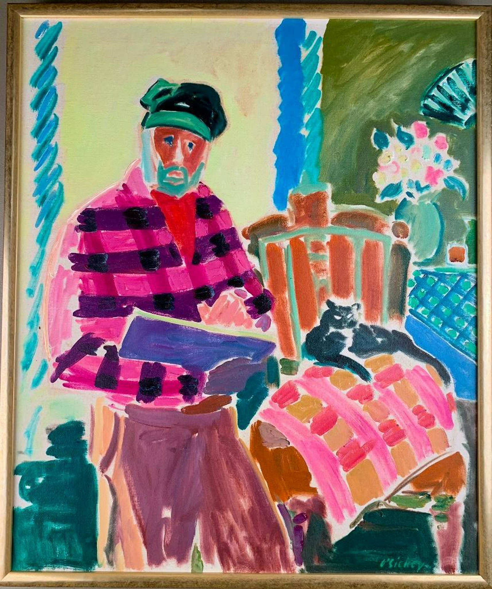 Joseph B. O'Sickey(American, Cleveland School): Joseph B. O'Sickey (American, Cleveland School, 1918-2013) Portrait of the Artist (Self Portrait) with Sketchbook and Cat on Chair, oil on canvas, signed lower right, framed. 30 x 24.5 in. 31 x 27 in.