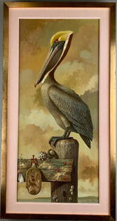 Paul Riba (American, Cleveland School, 1912-1977): Paul Riba (American, Cleveland School, 1912-1977) Pelican, oil on masonite, signed lower right, framed. 28.5 x 13 in. 33 x 17 in. as framed Condition: Very Good with no damage or repair.