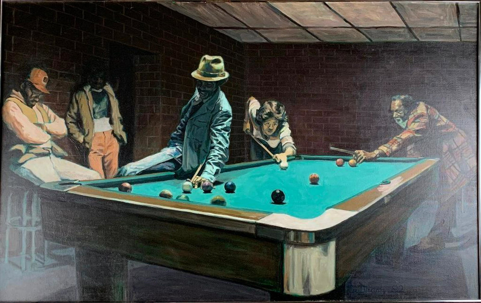 David Buttram (American, Cleveland School, 20/21st.c.): David Buttram (American, Cleveland School, 20/21st.c.) Pool Hall, 1982, oil on canvas, signed and dated lower right, framed. 30 x 48 in. Condition: Very Good with no damage or repair.