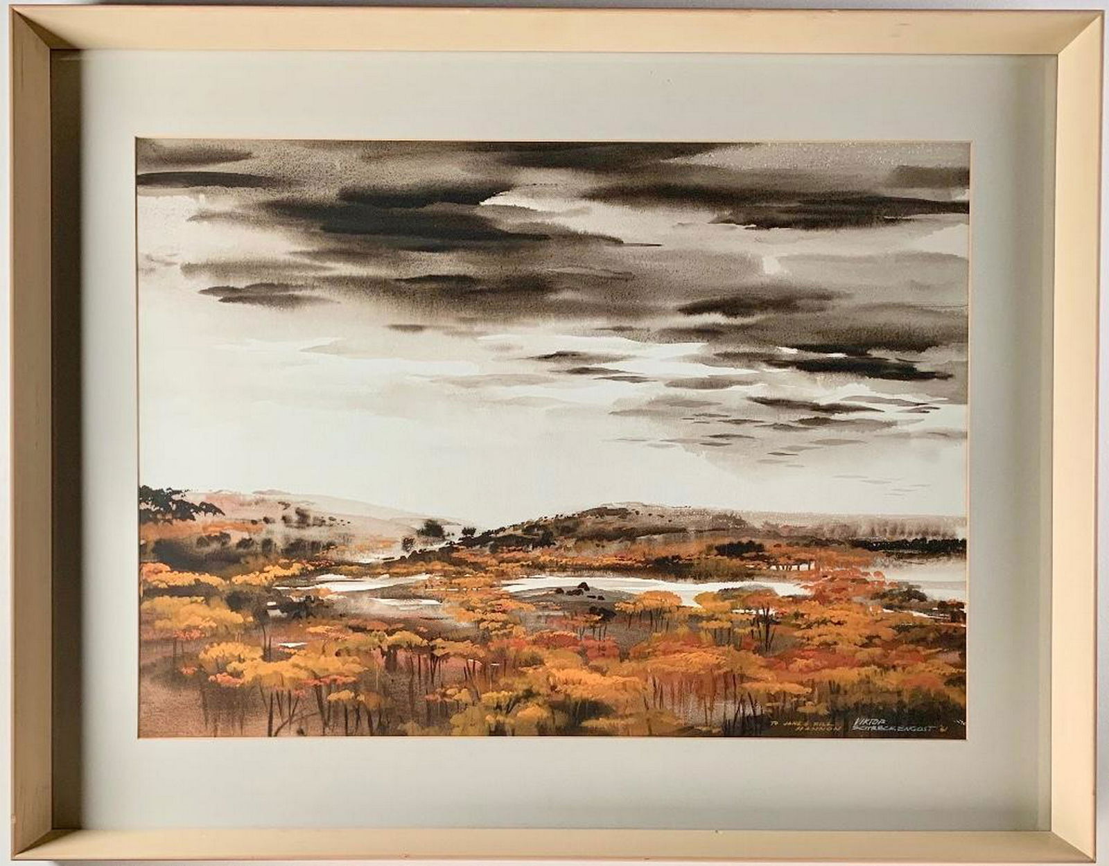 Viktor Schreckengost (American, Cleveland School: Viktor Schreckengost (American, Cleveland School 1906-2008) Autumn Landscape, 1961, watercolor on paper, signed and dated lower right, inscribed, matted and framed. 21 x 29 in. Condition: Very good wi