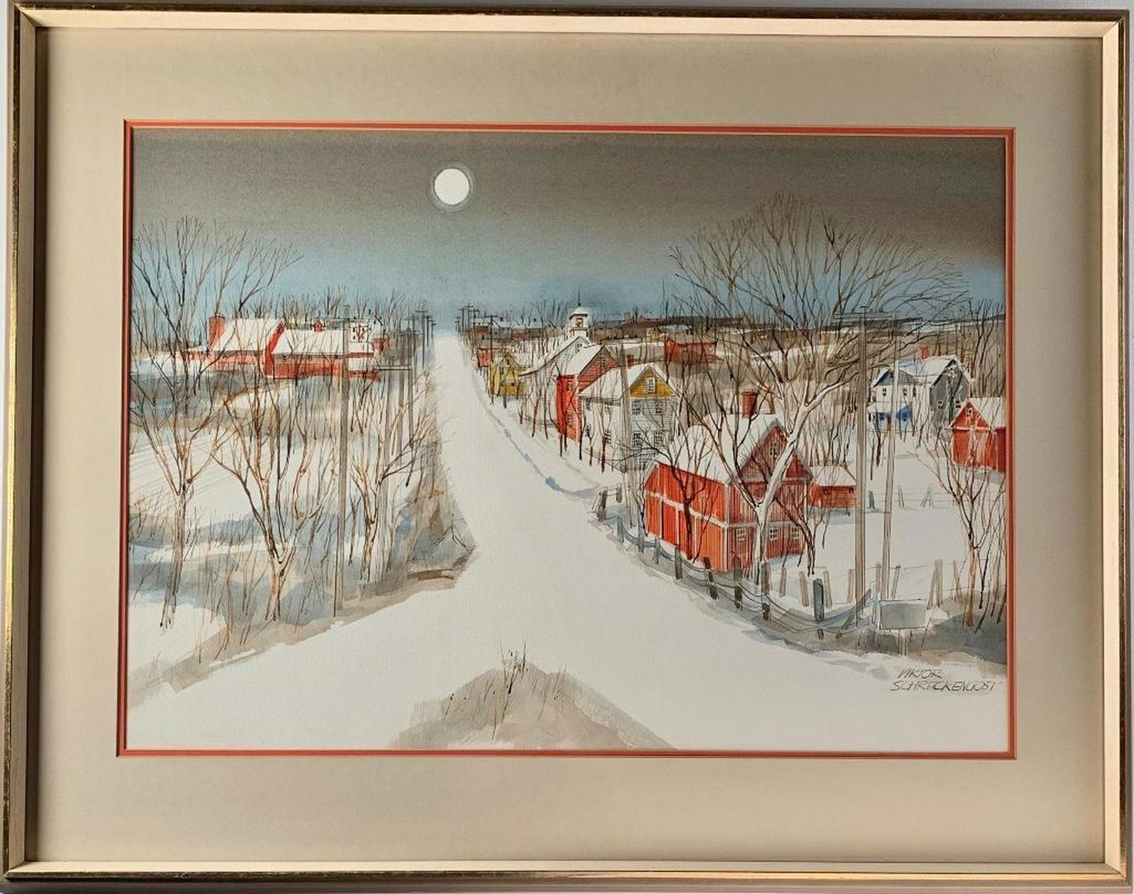 Viktor Schreckengost (American, Cleveland School): Viktor Schreckengost (American, Cleveland School 1906-2008) Rural Farm Town in Snow, watercolor on paper, signed lower right, matted and framed. 20.5 x 29 in. Condition: Very good with no apparent dam