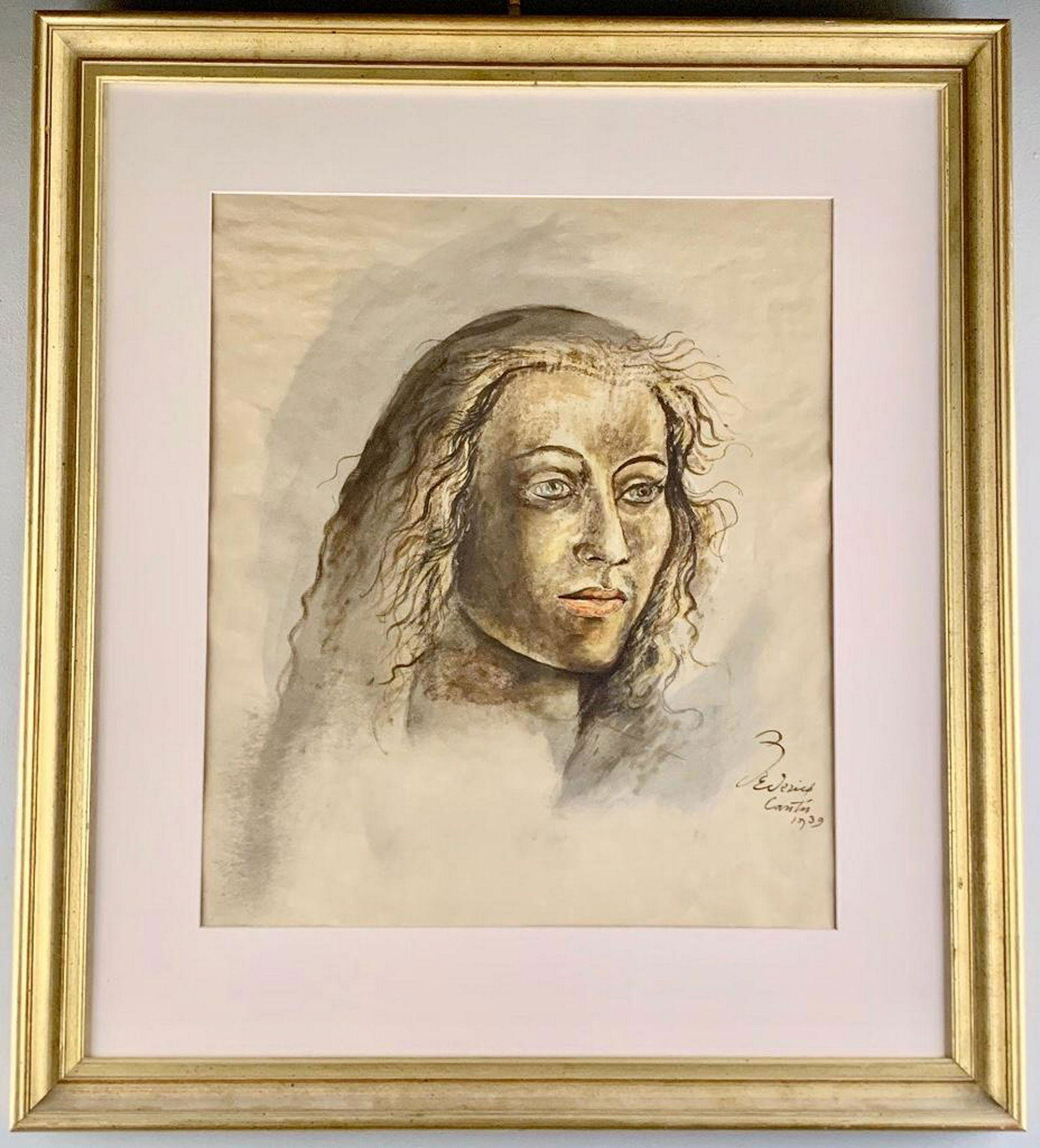 Federico Cantu (Mexican 1907-1989) Head of a Woman,: Federico Cantu (Mexican 1907-1989) Head of a Woman, 1939, watercolor on paper, signed and dated lower right, matted and framed. 20 x 16 in. 31x 25 in. as framed Condition:very good, not examined out o