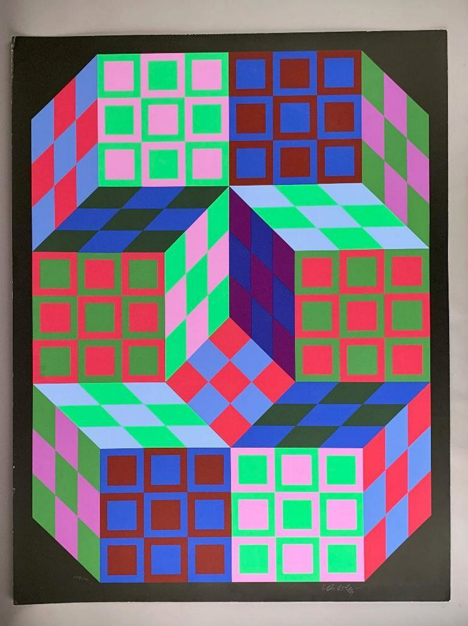 Victor Vasarely (French/ 1906-1997): Victor Vasarely ( French/Hungarian 1906-1997) Carden, 1980,signed in pencil lower right, numbered 143/240, lower left, 36.5 x 28 in. sheet Condition: light horizontal crease at lower right corner. Som