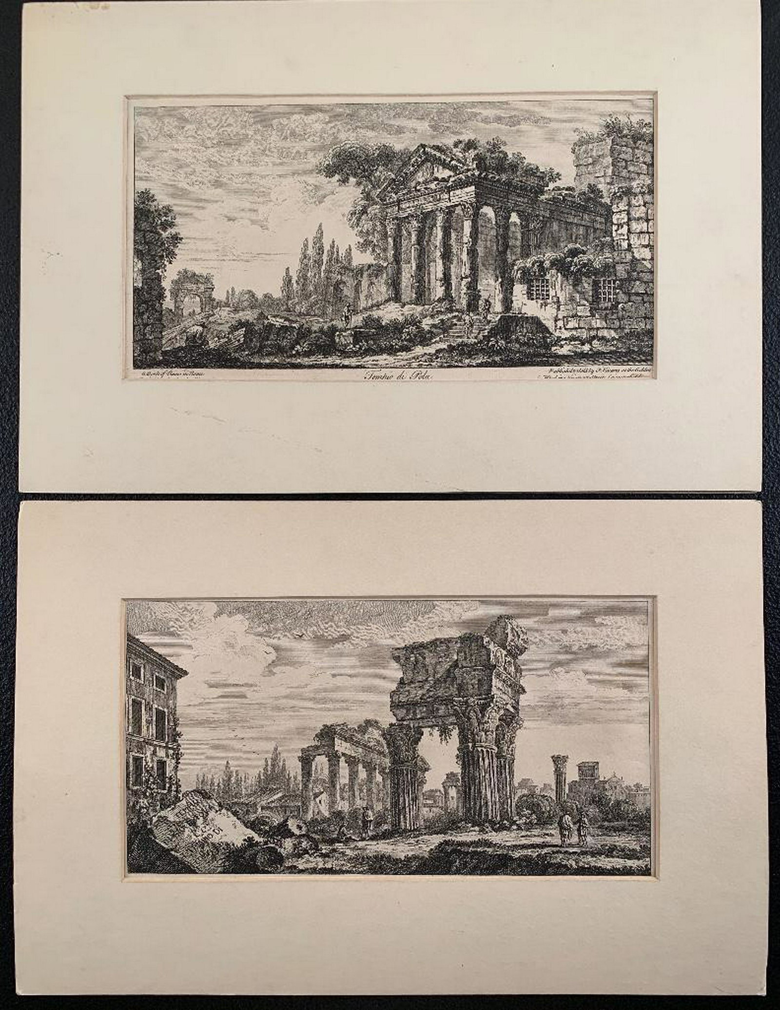 Two Giovanni Battista Piranesi (1720 - 1778) Etchings: Two Giovanni Battista Piranesi Etchings "Tempio di Giove Tonans" (Temple of Jupiter Tonans-jupiter the Thunderer) and "Temple of Pola in Istria" (Tempio di Pola in Istria). Etchings on chain lined and