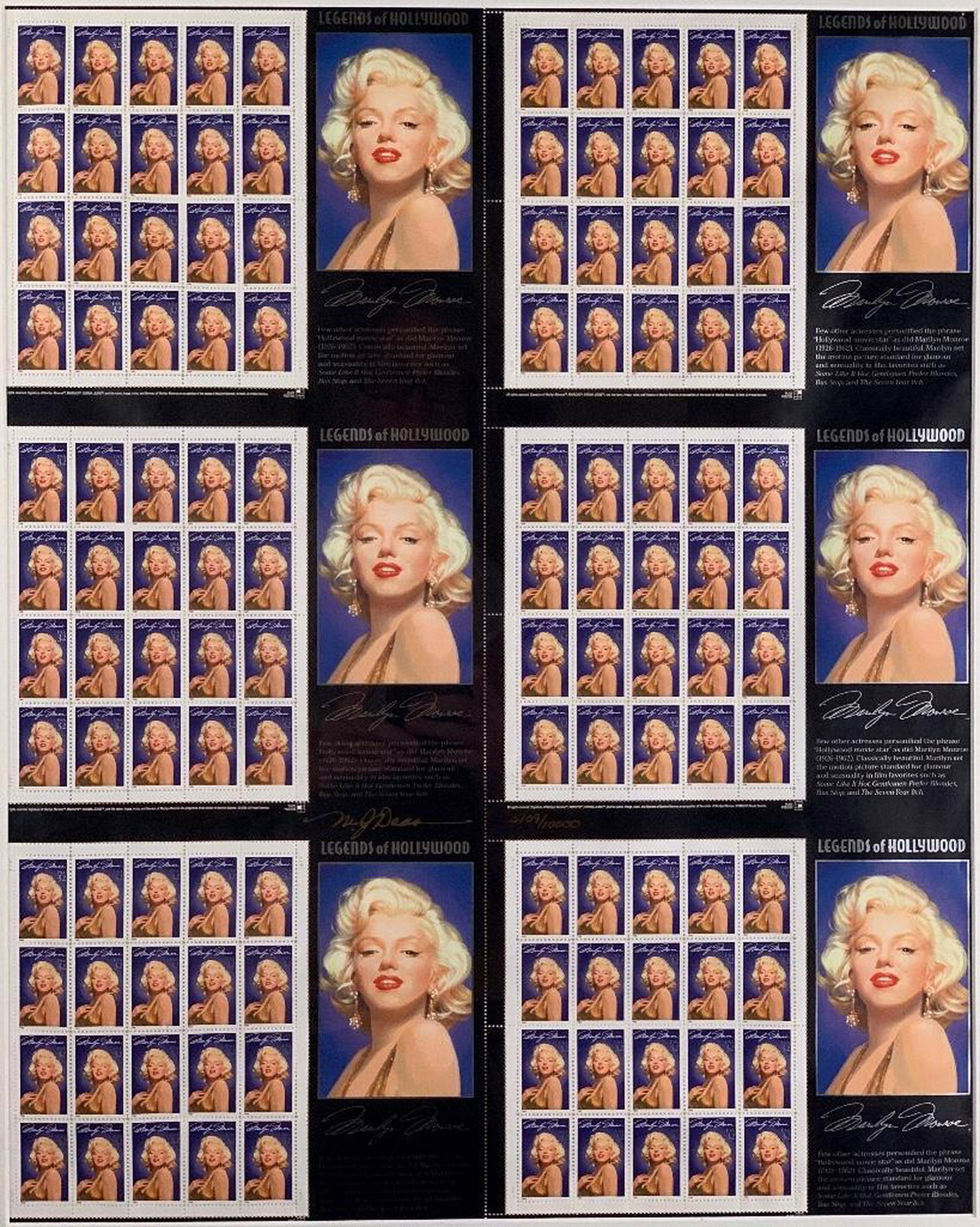 Marilyn Monroe Full Sheet Stamps: Designed by Michael Deas of New Orleans limited edition collectors uncut sheet of US postage stamps commemorating Marilyn Monroe one of 10,000 his being numbered 5109, signed and numbered, comes with