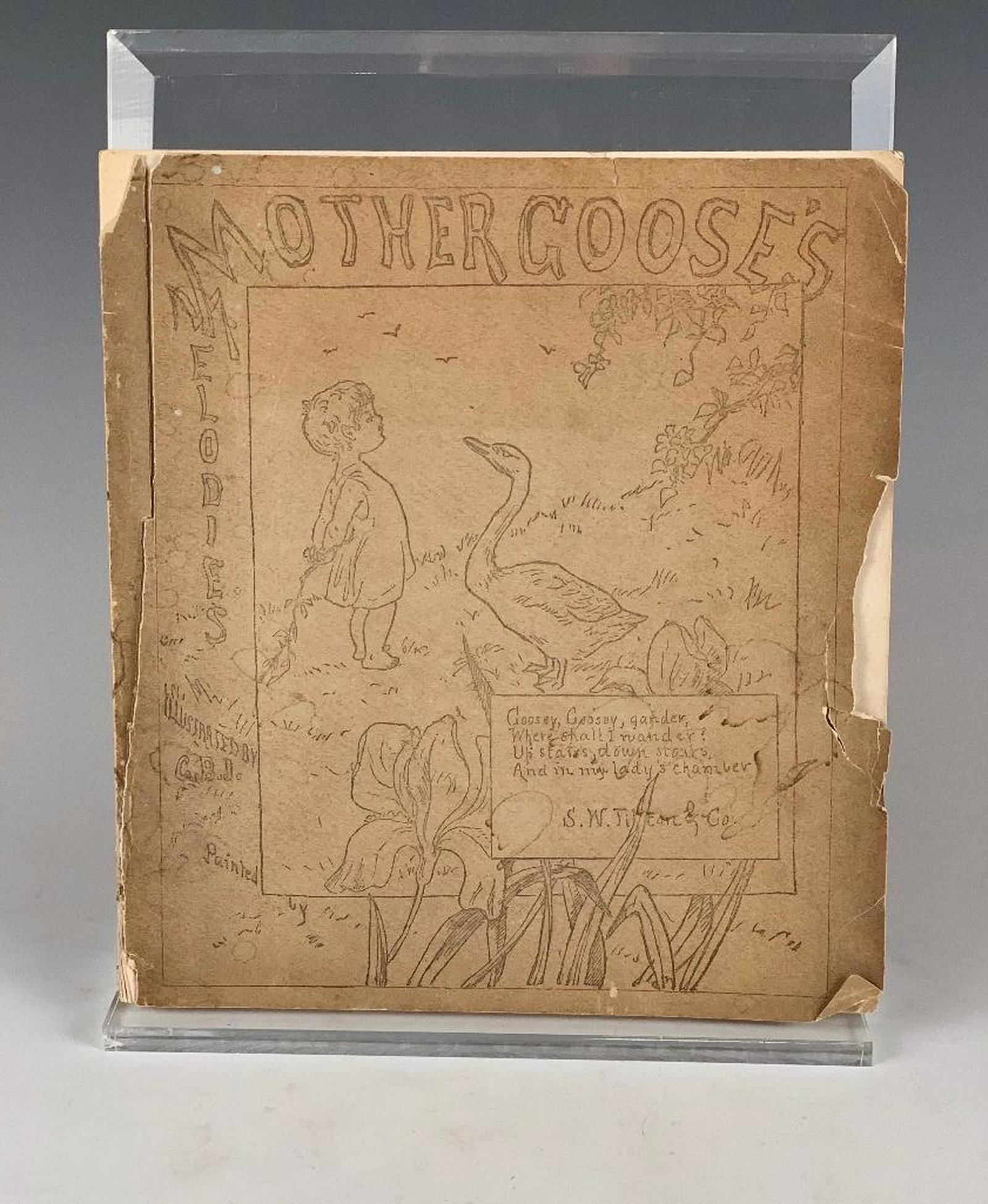 Mother Goose's (Coloring Book) with Full Directions for: Boston: S.W. Tilton, 1881. 24 plates, 6 text pages; quarto, pictorial softcover wraps. All but vanished Victorian era children's Mother Goose coloring book with verse, intended for watercolor applicat