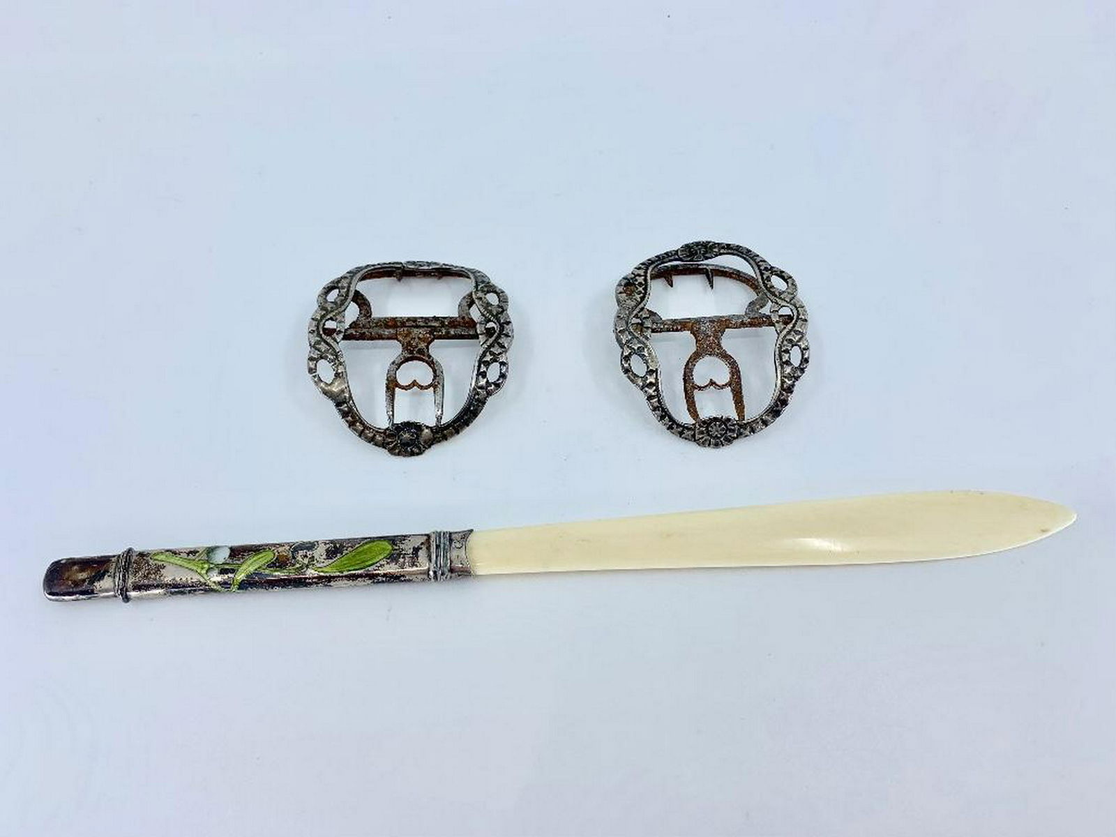 Enameled Silver Letter Opener and Two Buckles (1 of 8)