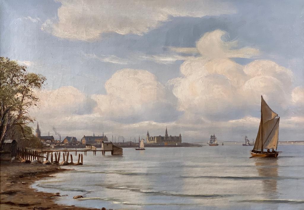 Johan Jens Neumann(Danish 1860-1940): Johan Jens Neumann(Danish 1860-1940) Calm Harbor, 1909, oil on canvas, signed and dated lower left, framed. 13 x 18.5 in. canvas size 20 x 25 in. as framed Condition: Damage repaired with patch verso,