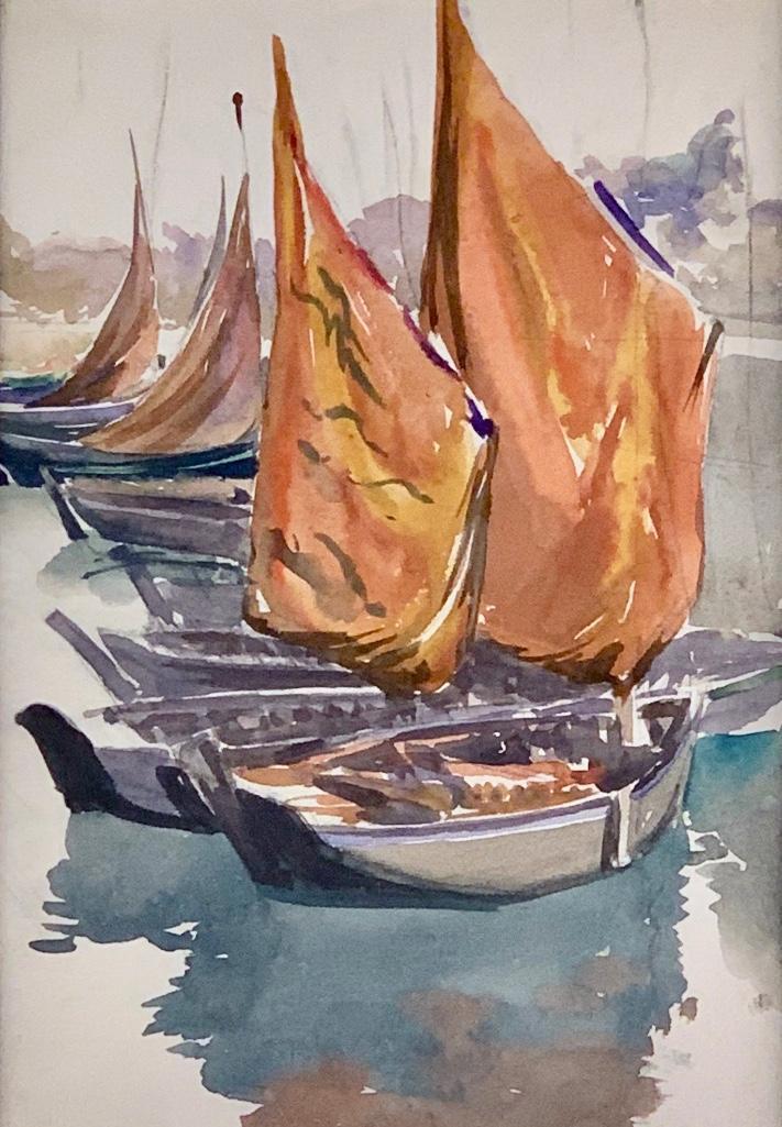 Frank Nelson Wilcox (American, Cleveland School: Frank Nelson Wilcox (American, Cleveland School 1887-1964) Boats at Aven, watercolor on paper, matted and framed. 12.5 x 8.5 in. image size 22 x 18 in. as framed Condition: Slightly light toned but ve