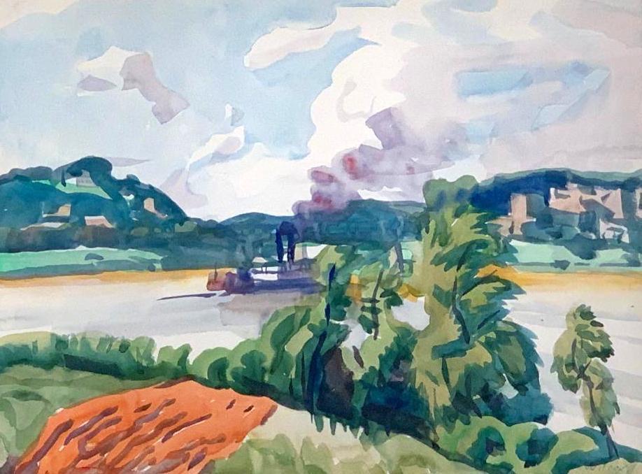 Frank Nelson Wilcox (American, Cleveland School: Frank Nelson Wilcox (American, Cleveland School 1887-1964) Opposite Marietta, c.1946-48, watercolor on paper, signed lower right, signed, titled and inscribed verso, matted and framed. 15 x 19 in. ima