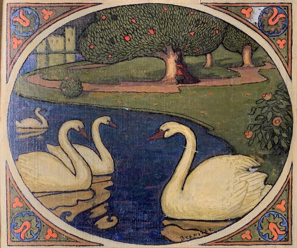 Earl Henry Brewster (American,Chagrin Falls, OH: Earl Henry Brewster (American 1878-1957) Park Scene with Swans, oil on artist's board, signed lower right, framed. 7.75 x 9.25 in. as framed Condition: Some minor wear scuffs losses and grime Earl Hen