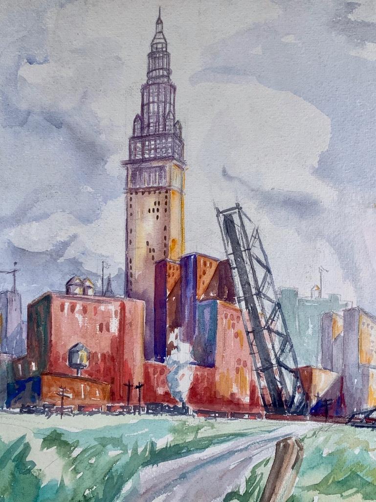 Philip Little (American 1847-1942): Philip Little (American,1847-1942) Terminal Tower Under Construction, 1927-28, watercolor on paper, signed lower left, matted and framed. 17.25 x 13 in. image size 22.5 x 18 in. as framed. Condition: 