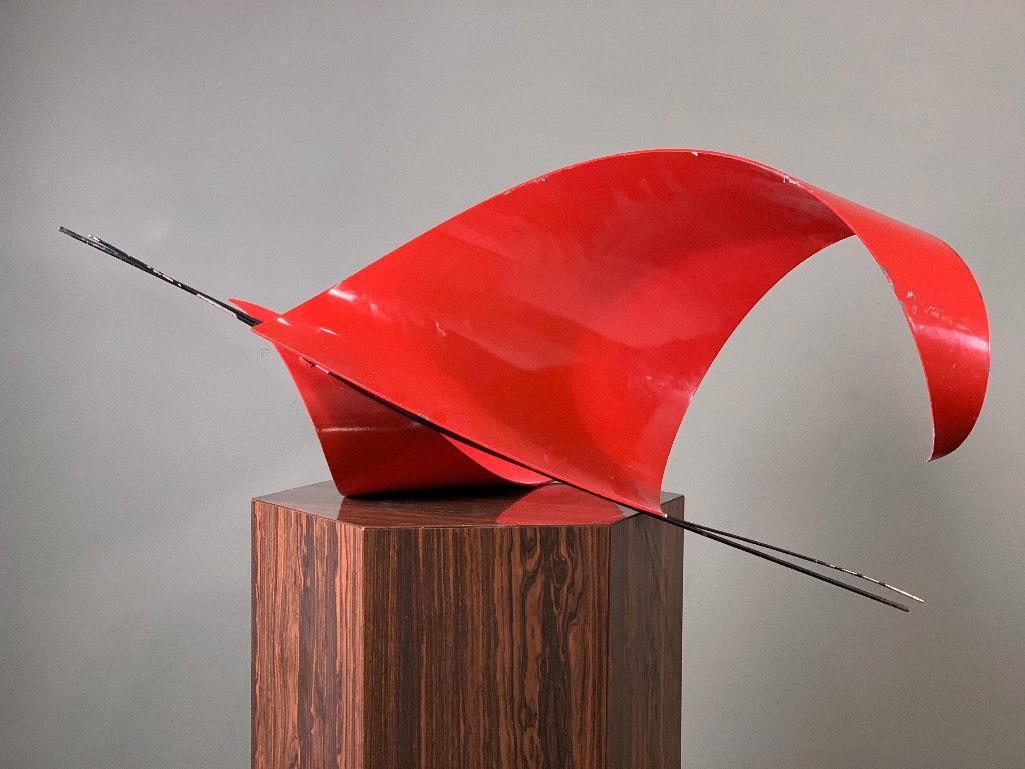 Fred Schmidt(American, Cleveland School 1936-2001): Fred Schmidt(American, Cleveland School 1936-2001) Untitled Sculpture, red lacquered metal. Approximately 23 in. h x 36 in. w. x 34 in. d. Condition: Some wear to surface with paint losses, two metal
