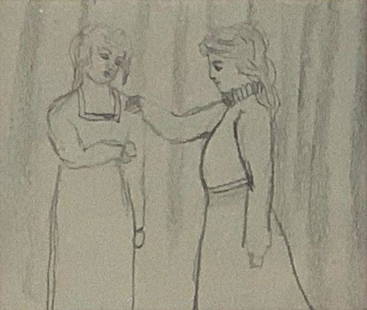 William Michael Harnett (Irish-American 1848-1892): William Michael Harnett (Irish-American 1848-1892) Two Standing Women, graphite on grey paper, unsigned, matted and framed. Provenance: Alfred Frankenstein, author of the Harnett monograph ГўÐ