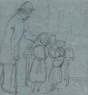 William Michael Harnett (Irish-American 1848-1892): William Michael Harnett (Irish-American 1848-1892) Man with a Crutch and Two Little Girls at a Table, Pencil (graphite) on blue paper, unsigned, matted and framed. Image: 4 x 3 ¾
