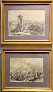 William Callow (British 1812-1908): William Callow (British 1812-1908). Dugald Stewart Monument, Edinburgh, and a View of Traben-Trarbach,Germany, graphite with white heightening on paper, matted and framed, 12 x 16 and 11 x 14.5 in, 19