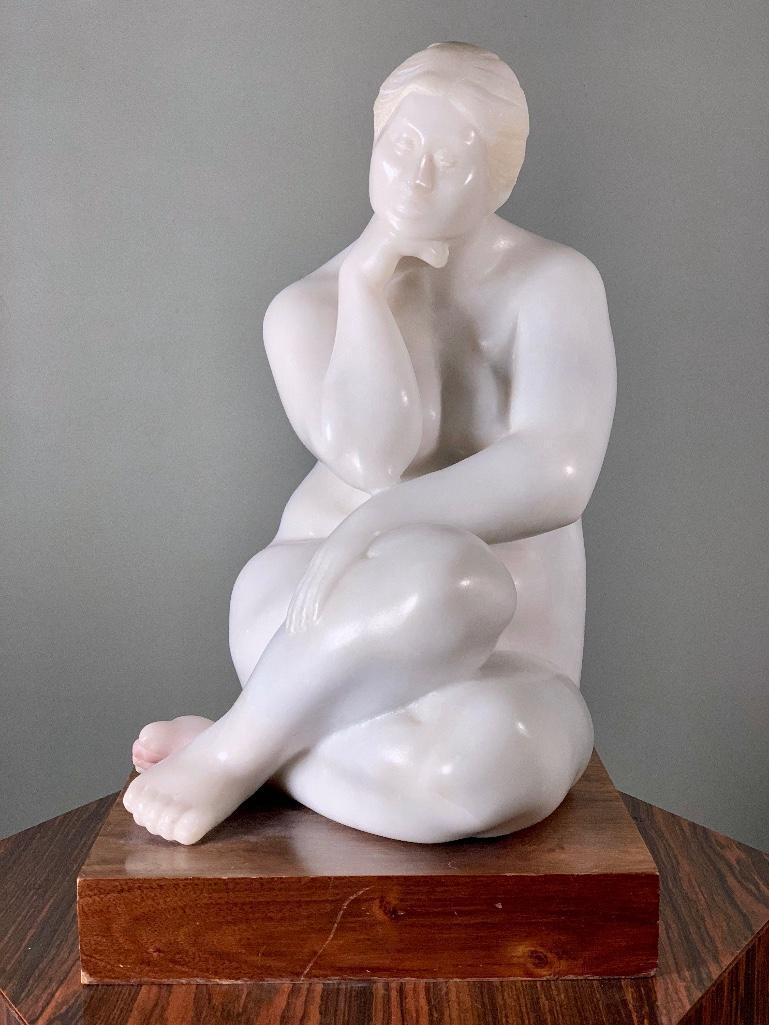 Felipe Castaneda(Mexican, b.1933): Felipe Castaneda (Mexican, b.1933) Seated Nude, 1978, carved white marble, signed and dated, raised on wood plinth. 14 x 10 x 9 in.