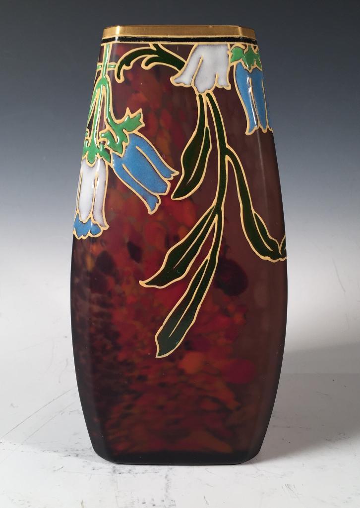 Legras Art Deco Enameled Glass Vase: Legras Art Deco Enameled Glass Vase, of squared form, the grey glass walls mottled with lavender, red and orange, enameled with pendant blooming flowers in green, blue, yellow and white, signed Legras