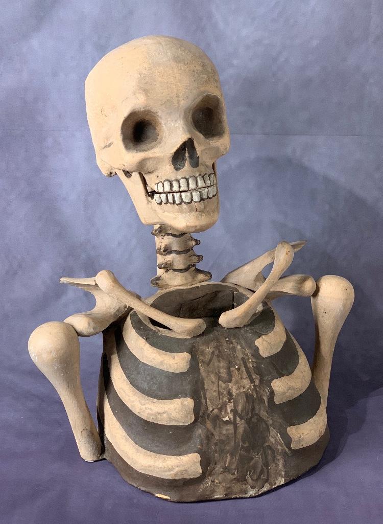 Odd Fellows I.O.O.F Papier Mache Carved Wood Skeleton: Papier Mache and Carved Wood Skeleton Bust Model, Odd Fellows I.O.O.F., hand made and painted form with articulated jaw. 15.5 in. h. x 11 in. w. x 7 in. d. Condition: Some wear due to age but overall