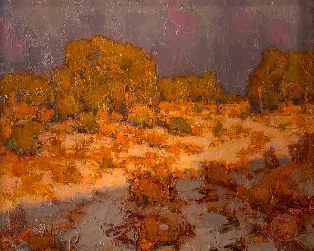 David Ballew (American, NM, CT, b.1955): David Ballew (American, NM, CT, b.1955) Winter Junipers, 2013, oil on Belgian linen mounted on masonite panel, signed lower right, with artist's monogram of a Gingko leaf, signed, titled, dated, ins