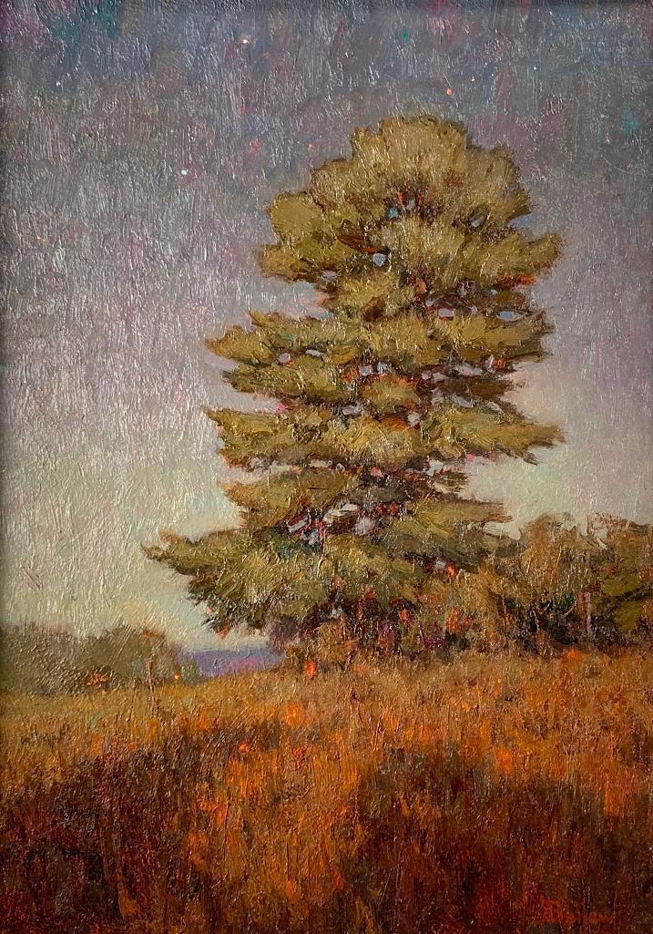 David Ballew (American, NM, CT, b.1955): David Ballew (American, NM, CT, b.1955) Moonlit Pine, 2003, oil on Belgian linen mounted on masonite, signed lower right, signed, dated, titled verso, with handwritten poem, framed. 16 x 12 in. pane