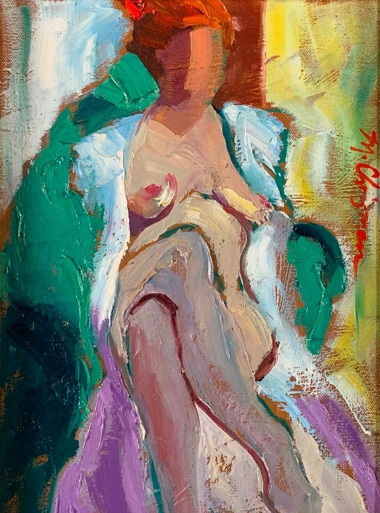 Michelle Chrisman (American, N.M., NY, 20th/21st c): Michelle Chrisman (American, N.M., NY, 20th/21st c) The Purple Cushion, oil on panel, signed middle right, signed, titled and inscribed verso, framed. 9 x 12 in. panel size 21 x 17 in. as framed Condi