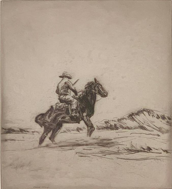 Levon West (American 1900-1968): Levon West (American 1900-1968) The Prairie Rider, drypoint etching, signed in pencil lower center, matted and framed under UV glass. 9 x 7.75 in. plate size 22 x 20 in. as framed Condition: Very go