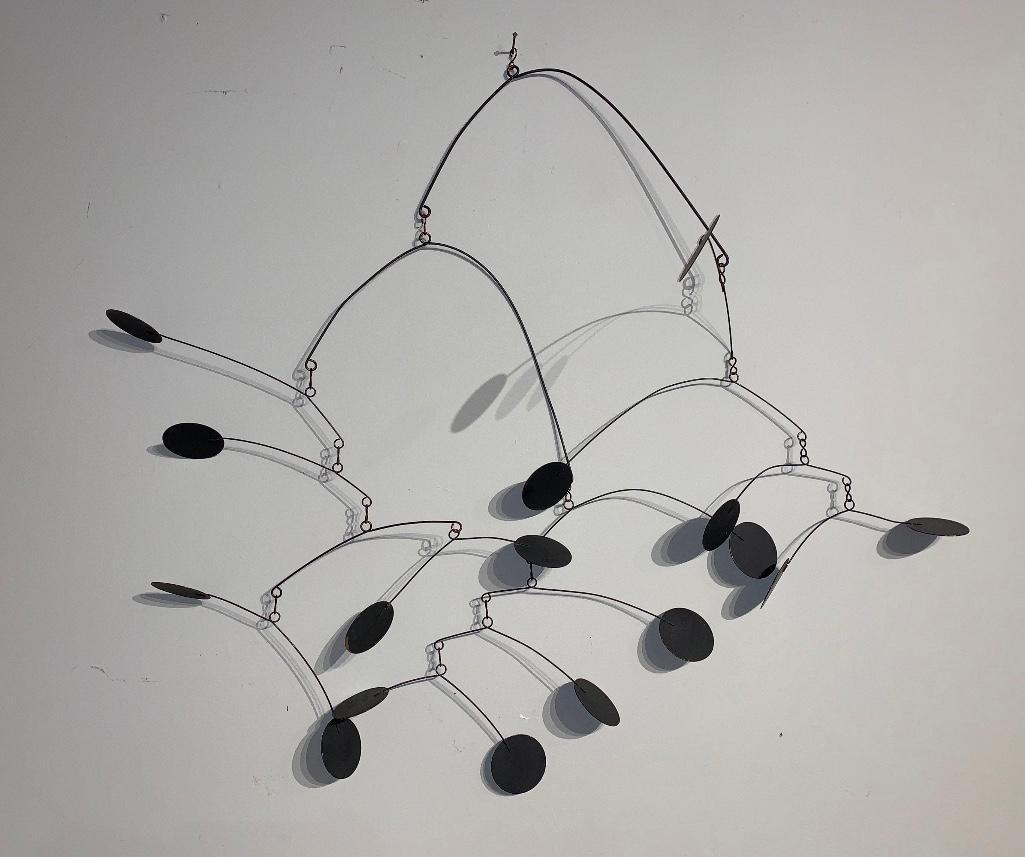 Pendant Mobile, 20thc.: Pendant Mobile, 20thc, in the style of Alexander Calder, black painted metal. Approximately 31 x 39 in. Condition: Light wear as appropriate to age and use