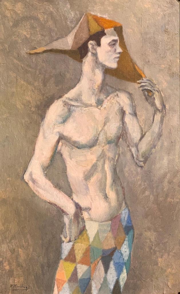 Robert Brisley (American, Cleveland School, 20thc.): Robert Brisley (American, Cleveland School, 20thc.) The Young Harlequin, 1958, oil on panel, signed and dated lower left, framed. 21 x 13 in. panel size 28 x 20 in. as framed Condition: Minor paint