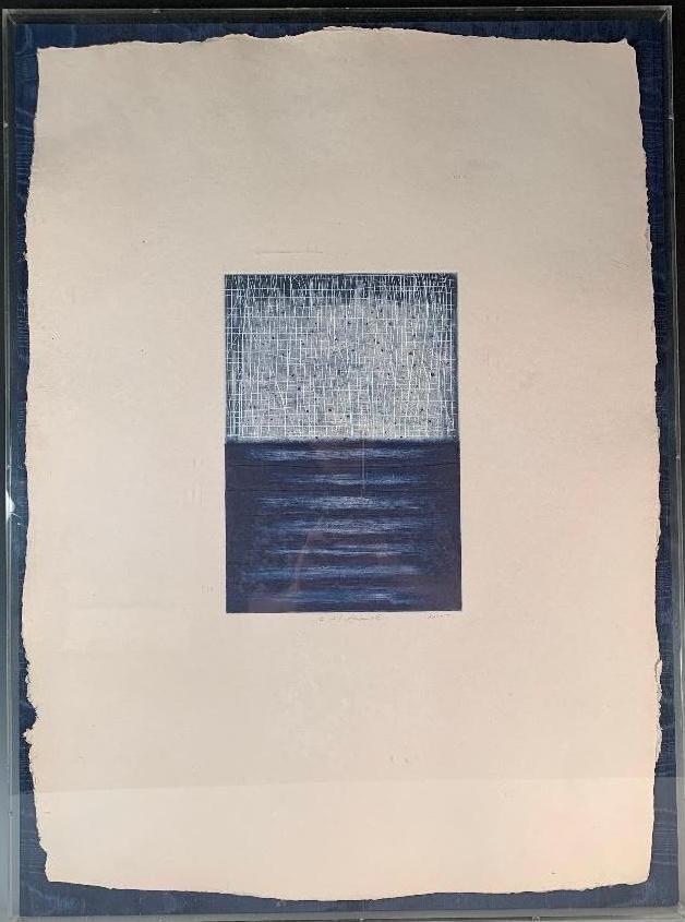 David Shapiro (American b.1944): David Shapiro (American b.1944) Kala 7, 1991, spit-bite, etching, drypoint and carborundum printed in blue and white on handmade blue Indian paper, signed in pencil and titled, Print Club of Cle