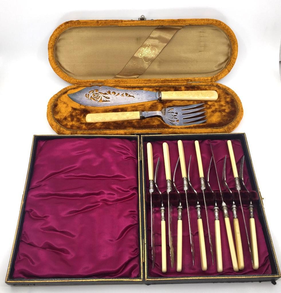 Two Silver Plate Fish Services in Fitted Cases: An English Silver Plate Fish Service in Fitted Case, comprising six knives and six forks. Engraved blades, together with a silver plate Fish serving Knife and Fork in fitted flocked case 8.5 in.l. Con