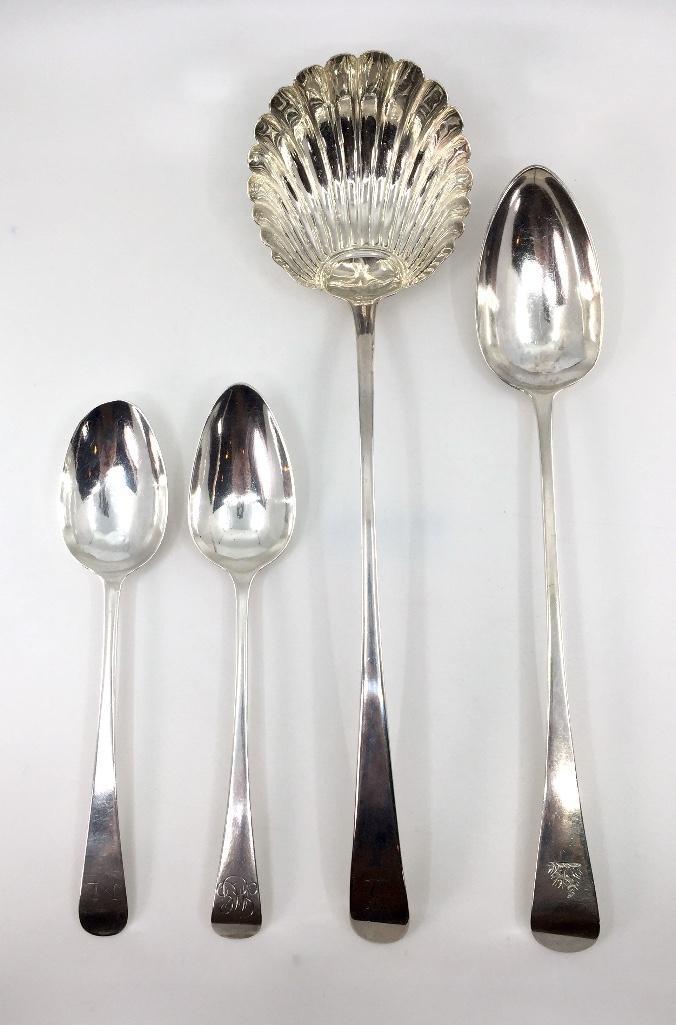 Four Large English Silver Spoons: Four Large English Silver Spoons; a stuffing spoon, London, 1798, Thomas Wallis II, two tablespoons, London, 1781, Hester Bateman, another,London, 1800, G.B. and a large scalloped ladle. 14 in.l. long