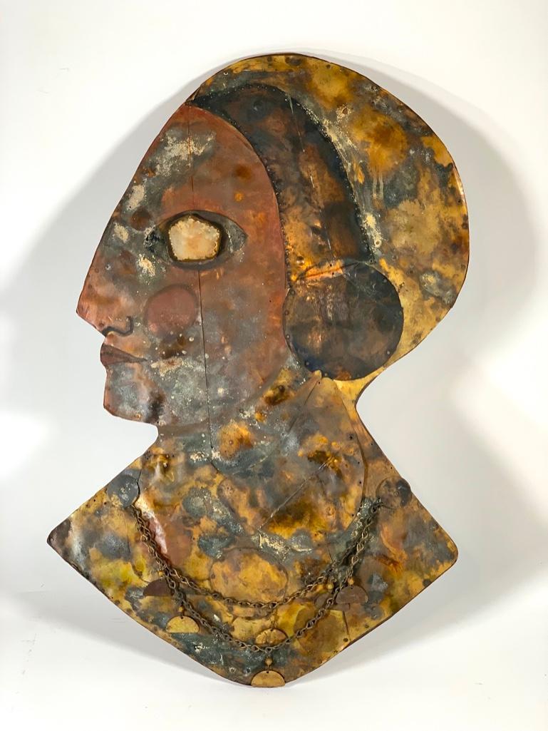 Ira Yeager (American, b.1938, CA,NM): Ira Yeager (American, b.1938, CA,NM) Profile Head, mixed media construction, metal, paint, stone and paint, signed verso. 30 x 19 in. Condition: Oxidation and age