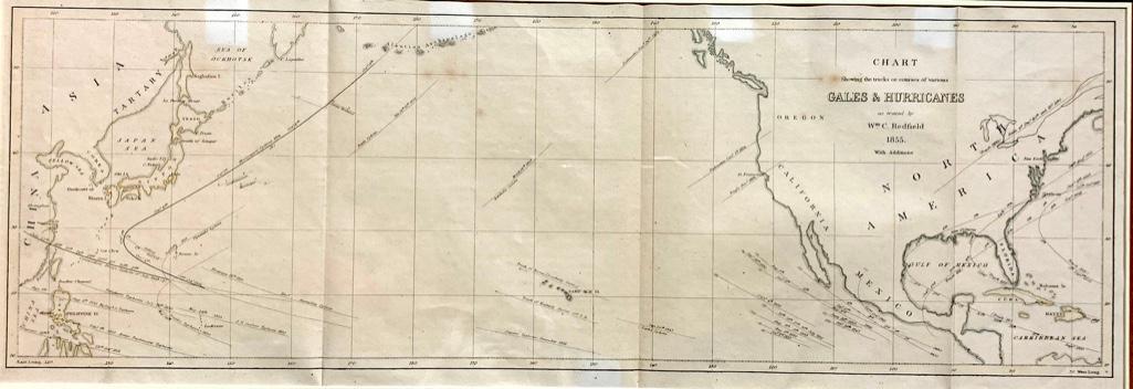 1855 Perry Expedition Map of Gales and Hurricanes: Framed Antique Map, Gales and Hurricanes, from the Perry Expedition of 1855, as traced by William Redfield, including the Sandwich Islands with the track of the Kona winds. With light hand coloring. 