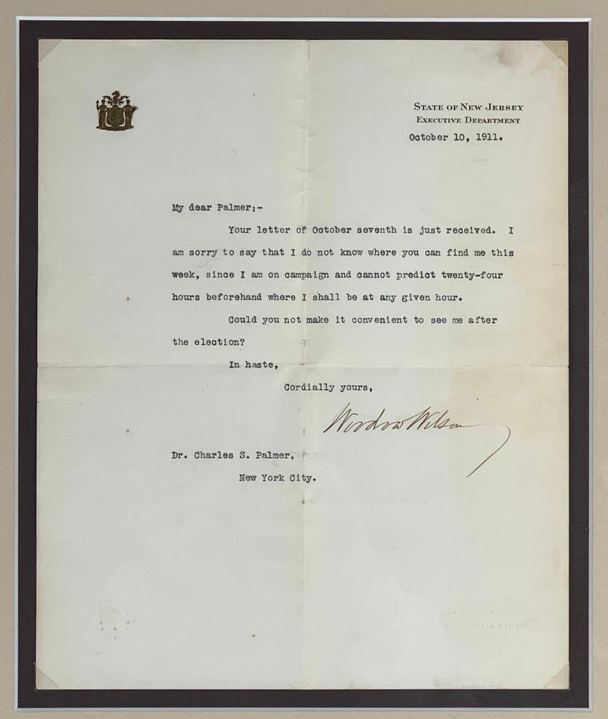 Governor Woodrow Wilson Letter Signed, October 10, 1911 (1 of 11)
