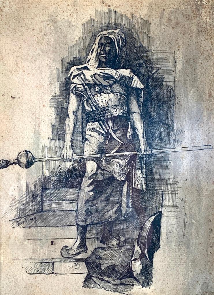 Mariano Jose Maria Bernardo Fortuny (Spanish 1838-1874): Mariano Jose Maria Bernardo Fortuny (Spanish 1838-1874), Moroccan Warrior, pen and ink on tan wove paper, signed lower left, matted and framed. 8 x 5.75 in. image size 15 x 12.75 in. as framed