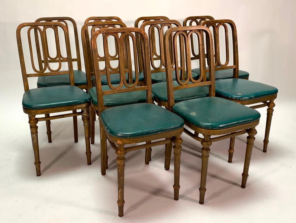 Set of Ten Viennese Cafe Chairs, c.1930: WoodÂ side chairs in Thonet style painted with losses, green vinyl seat coverings. 16.25 in. w. x 17 in. d. x 36 in. h. 19.25 in. seat height
