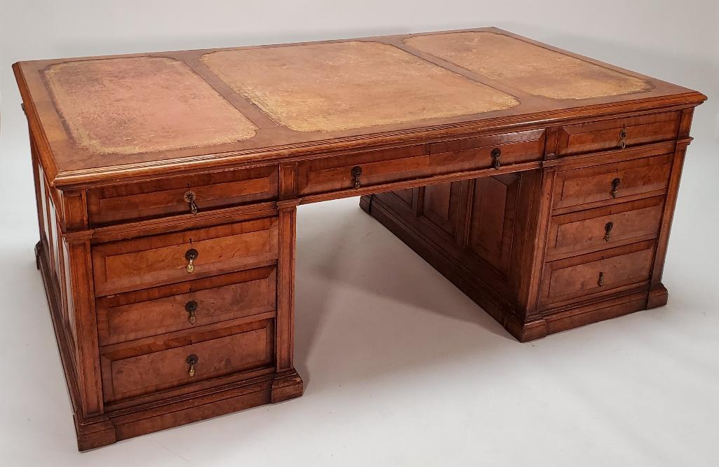 French Burl Wood Pedestal Partners Desk, 19th Century (1 of 17)